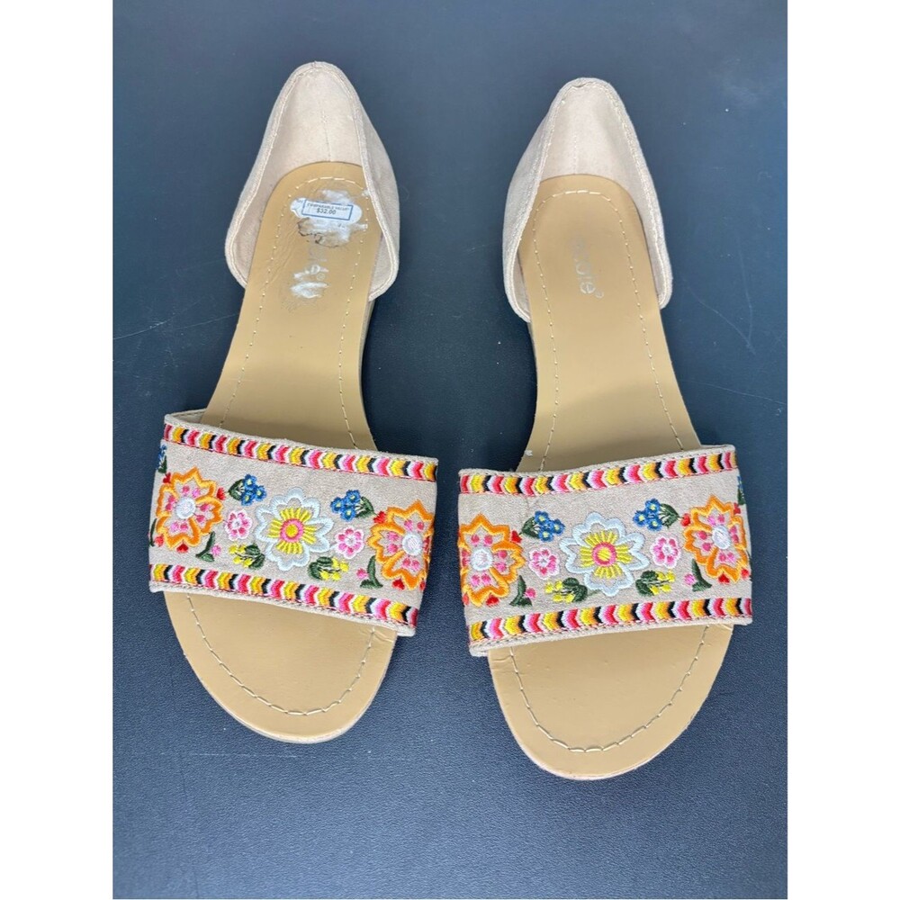 Nicole Beige Slide Sandals with Multicolor Floral Embroidery Size 7